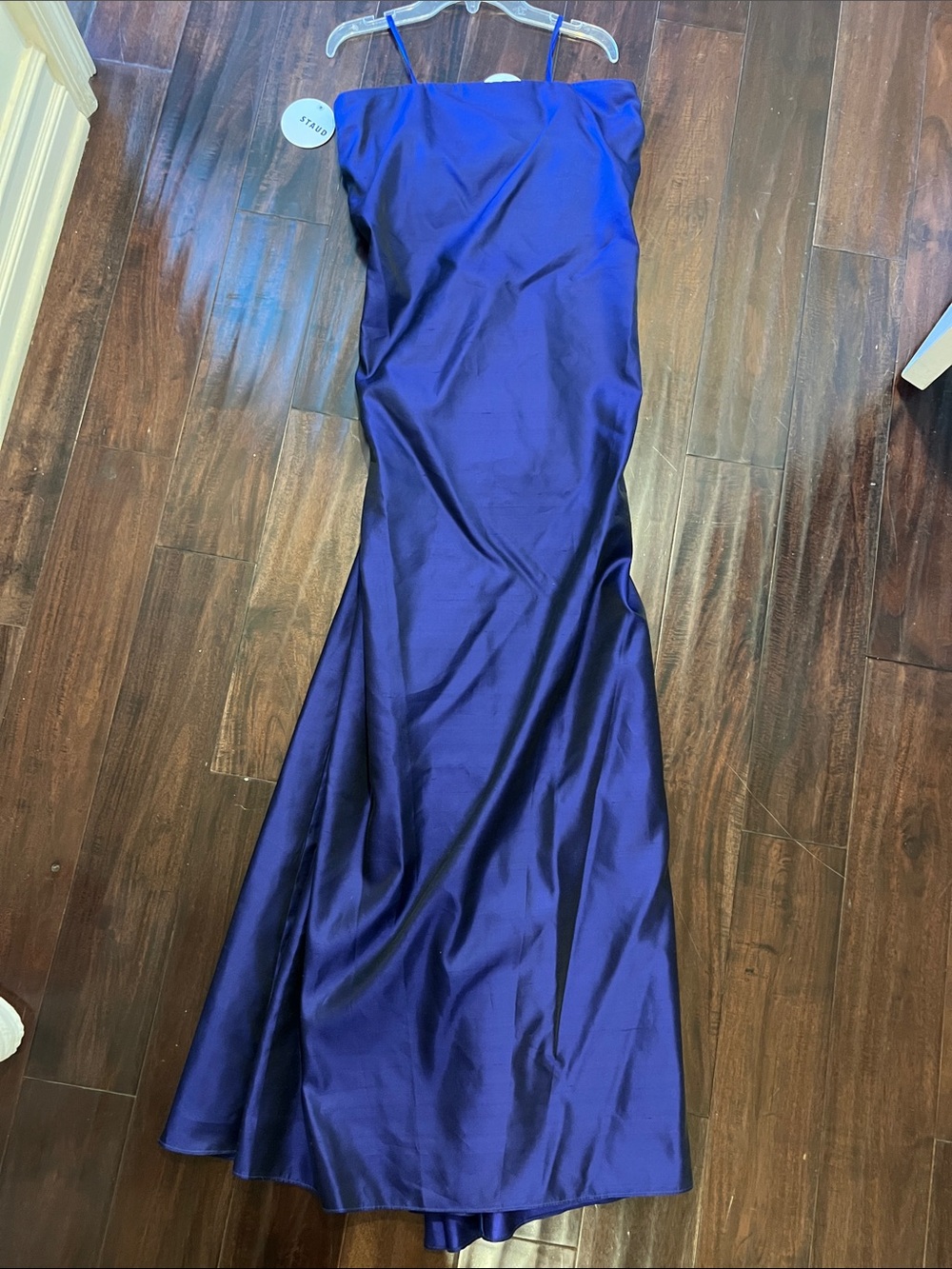 STAUD Strapless Satin Gown in Deep Blue